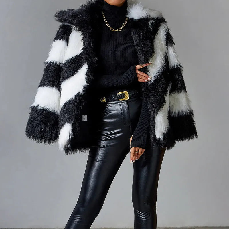 Women's faux fur coat with contrast lapel trim and detachable fur collar in picture colour