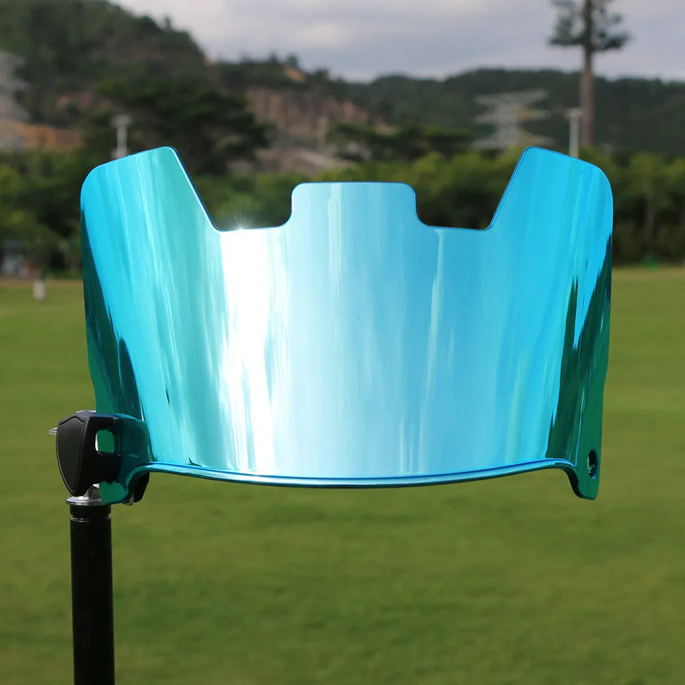 Multicolour American-style rugby helmet goggles shown attached to a helmet for impact protection.