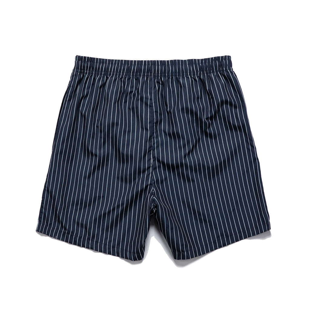 Polyester striped beach shorts with triangle lining in navy blue colour with straight leg openings