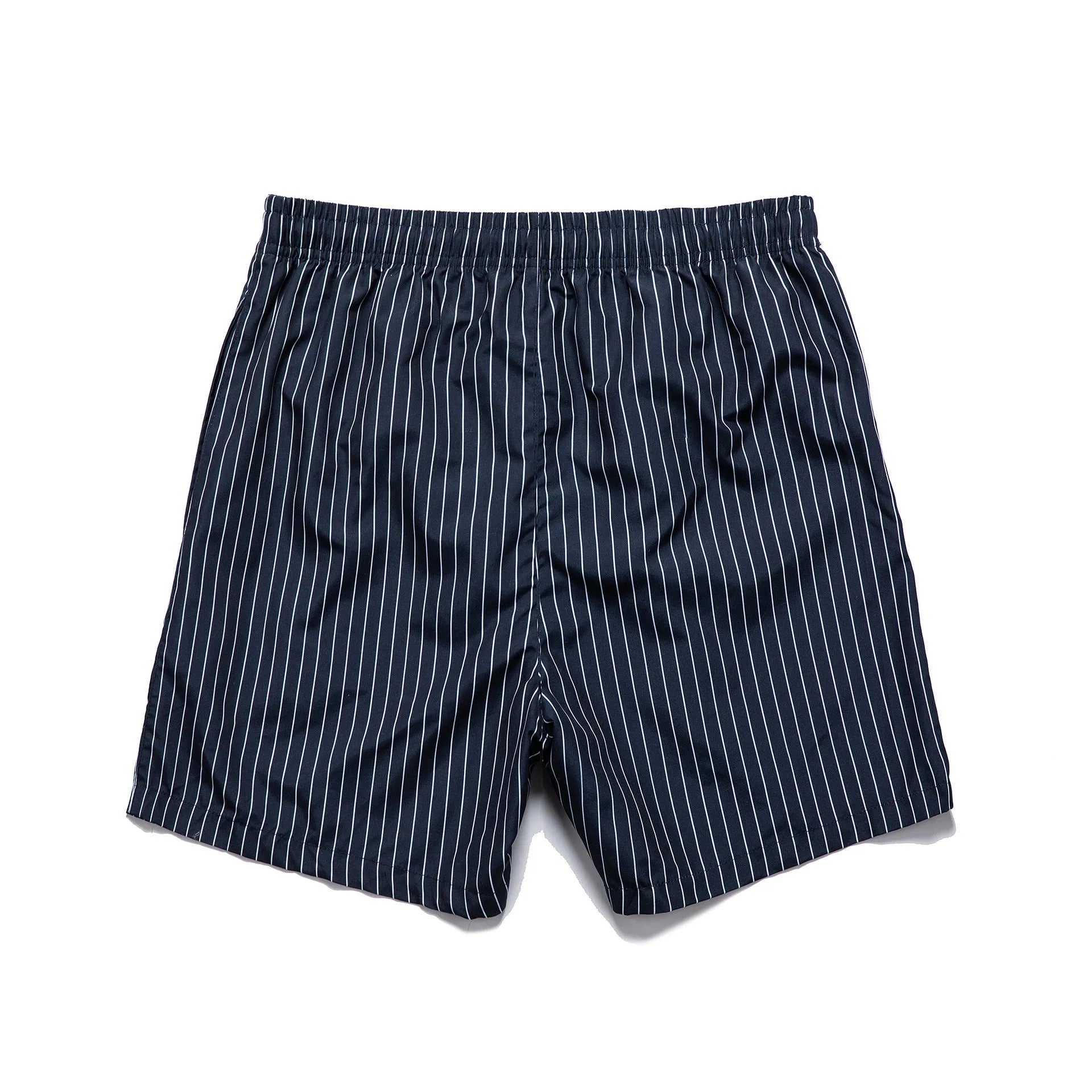 Polyester striped beach shorts with triangle lining in navy blue colour with straight leg openings