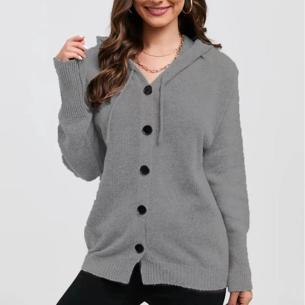 Women's solid colour hooded cardigan sweater in thick cotton fabric with loose fit