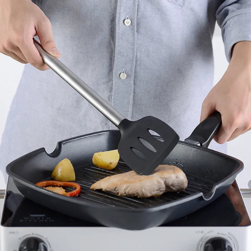 Black silicone kitchen utensil set with stainless steel handles - 16 pieces for cooking