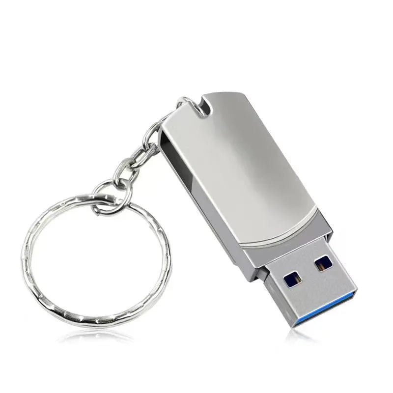 Small white metal rotating USB flash drive showing 34mm diameter size