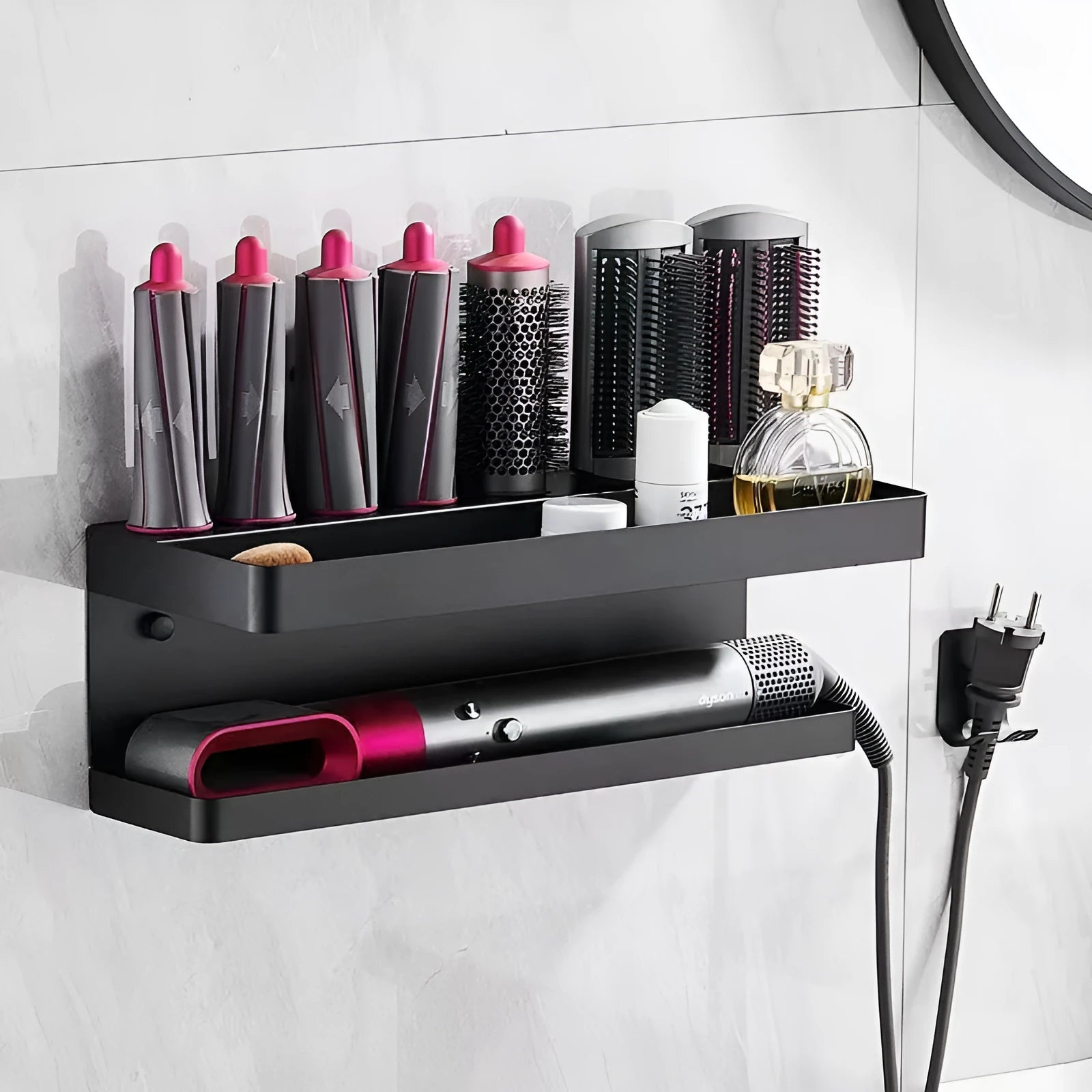 White double-layer aluminium punch-free storage rack holding Marcel Wavers on a bathroom wall.