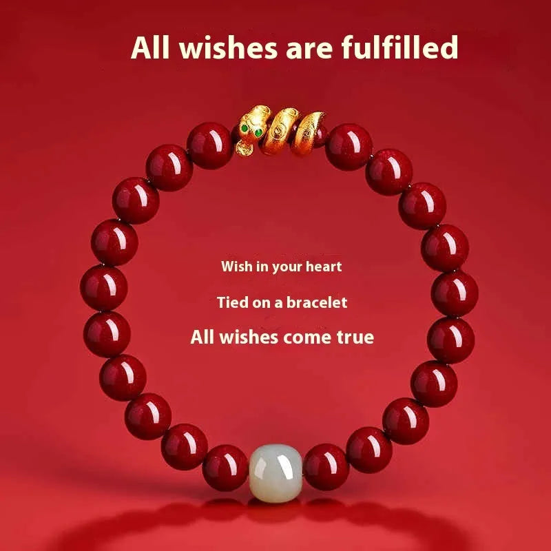 Handmade cinnabar snake zodiac bracelet with roll snake beads in Chinese style