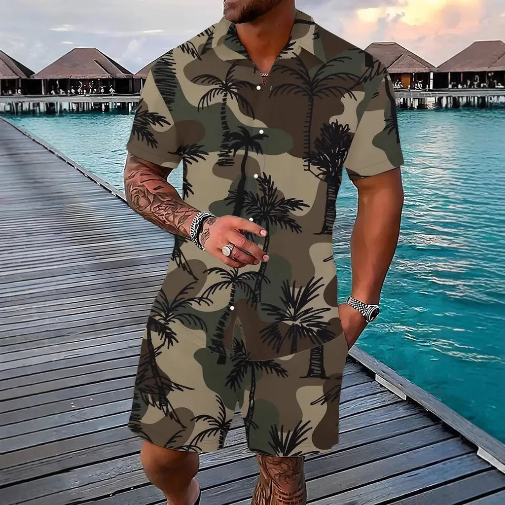 Men's Hawaiian shirt and shorts set with 3D printed tropical pattern design