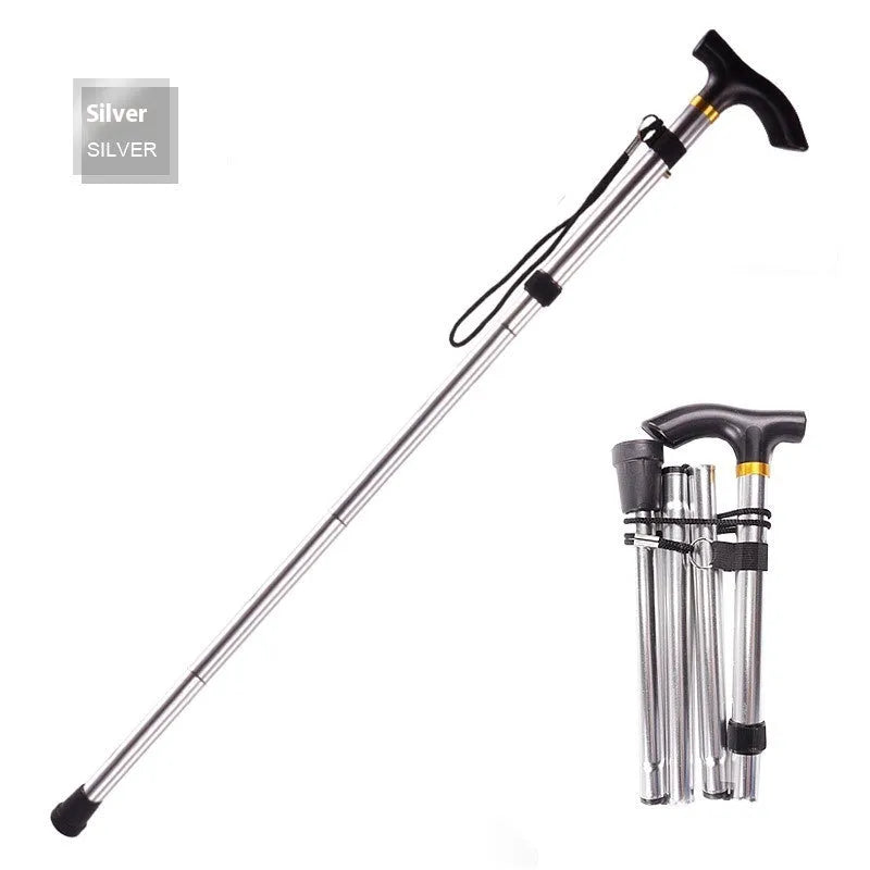 Aluminium folding walking stick extended to show height adjustment and non-slip rubber handle