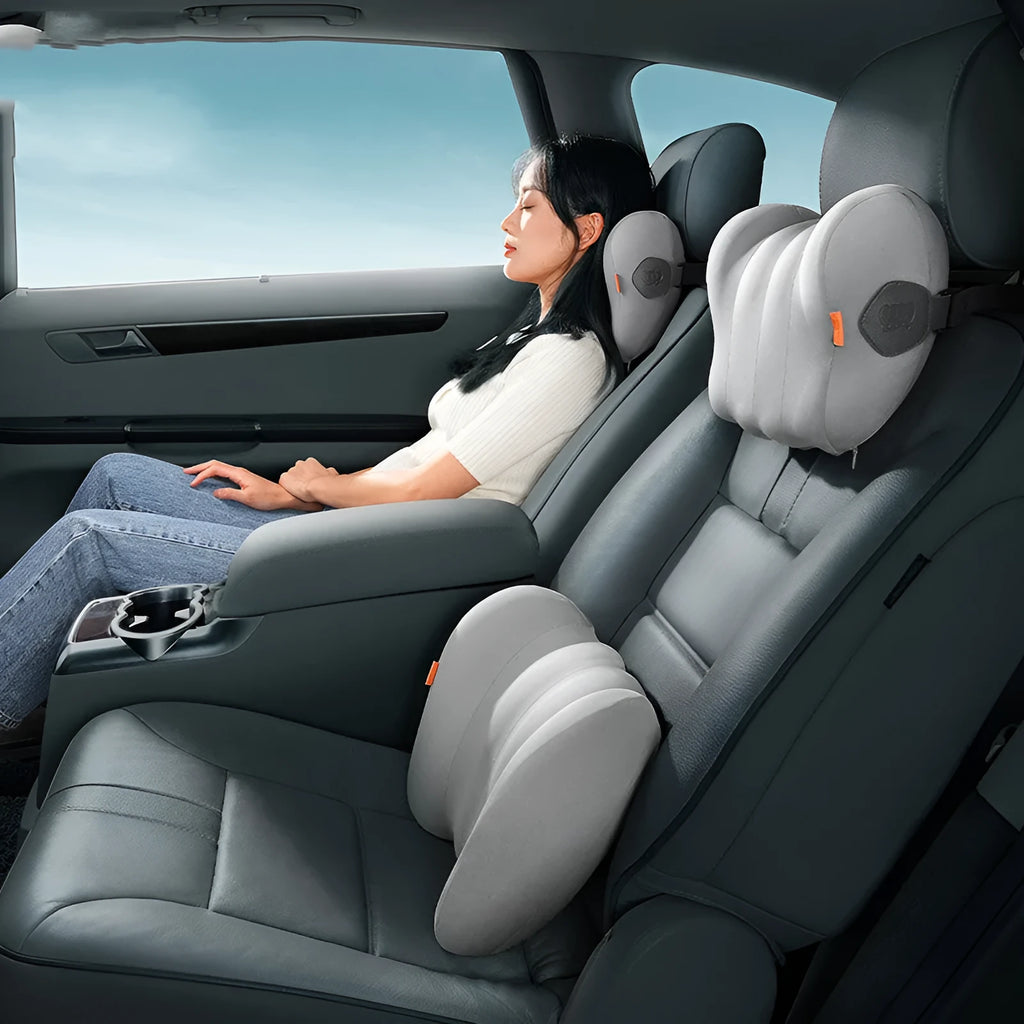 Grey and orange car head pillow and lumbar support pillow set with memory foam filler.