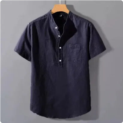 Men's casual short sleeve linen shirt with stand collar in slub cotton fabric