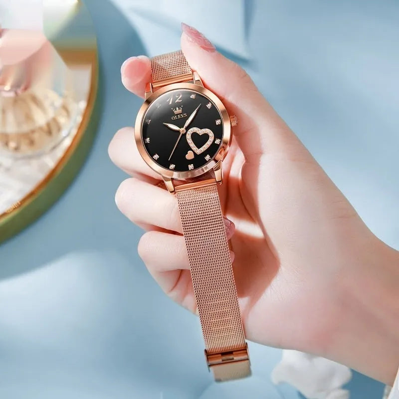 Women's fashion watch with mesh strap, 36mm alloy case, showing six dial colour options
