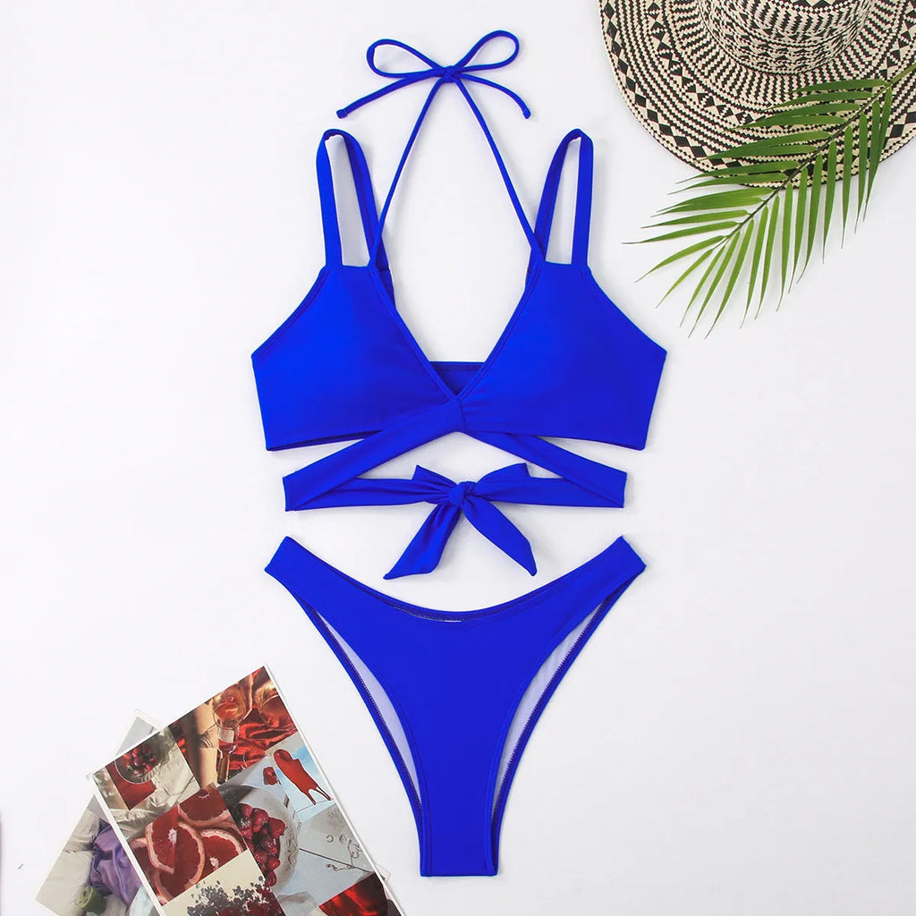 Women's solid colour strap bikini swimsuit on a white background.