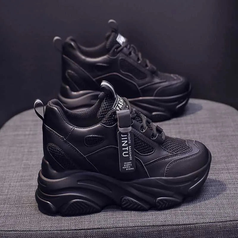 Women's black mesh platform casual shoe with a fleece lining and TPR sole.