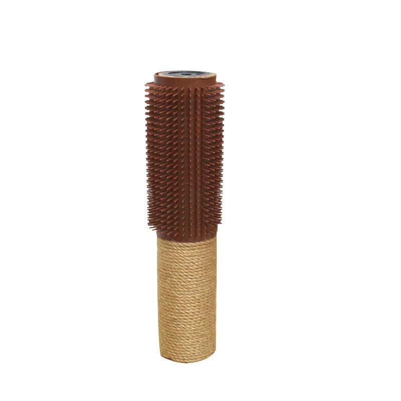 Brown sisal fibre cat scratching post on a wooden floor.