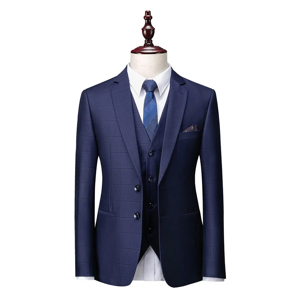 Men's navy blue plaid slim fit three-piece suit with vest, jacket, and trousers