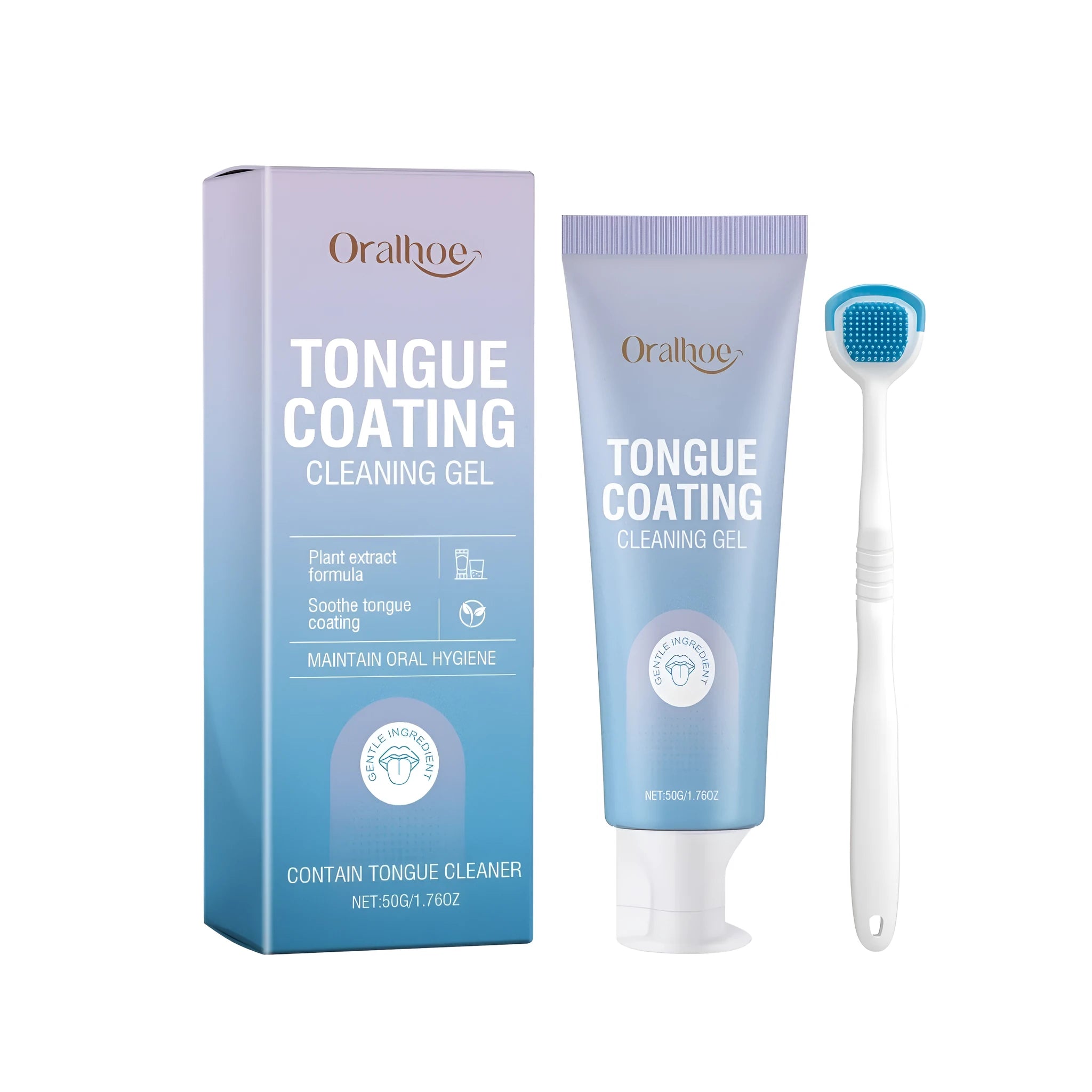 Tongue coating cleaning gel 50g tube with tongue cleaning brush on blue background