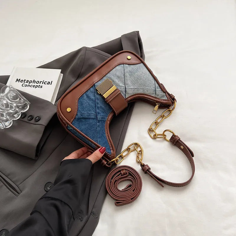 Brown denim women's shoulder bag with diamond chain, bucket design and street trend detailing
