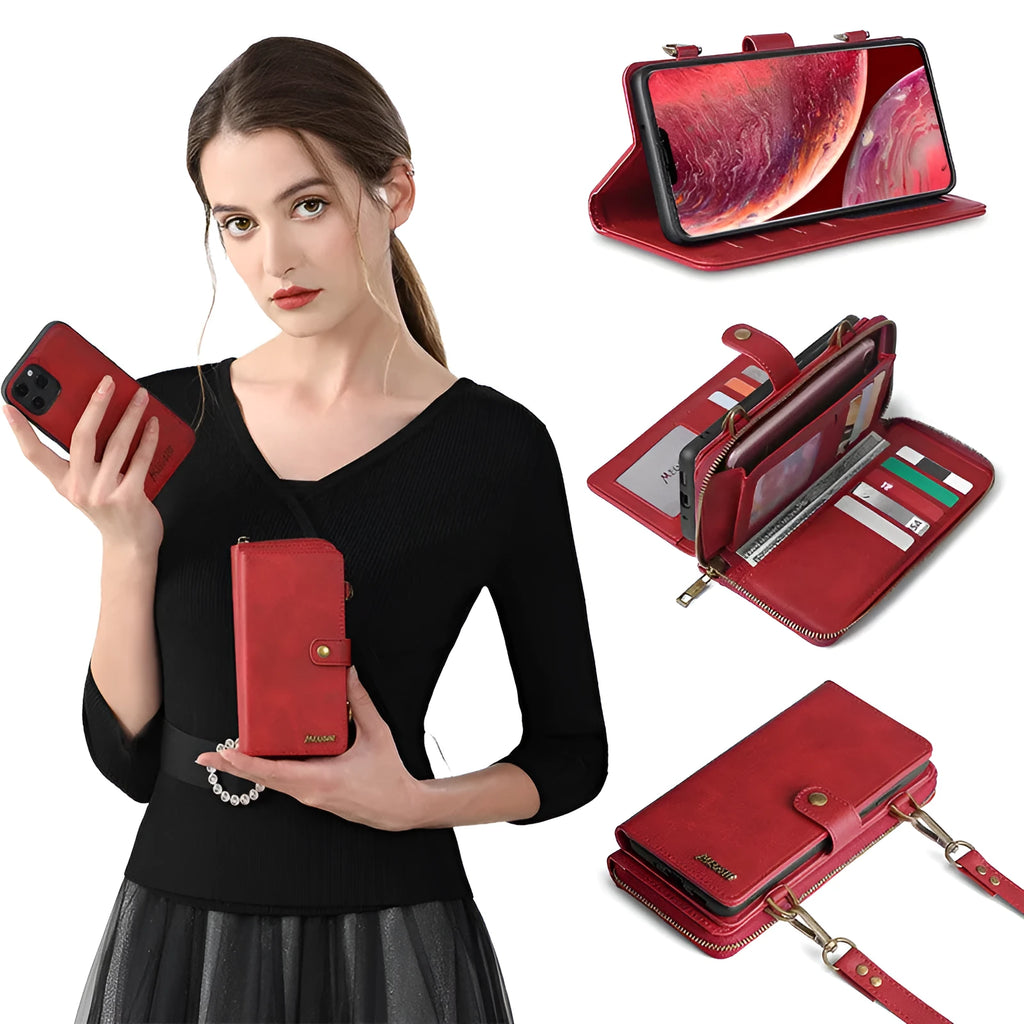 Detachable wallet backpack phone case with leather flip cover for iPhone and Samsung devices