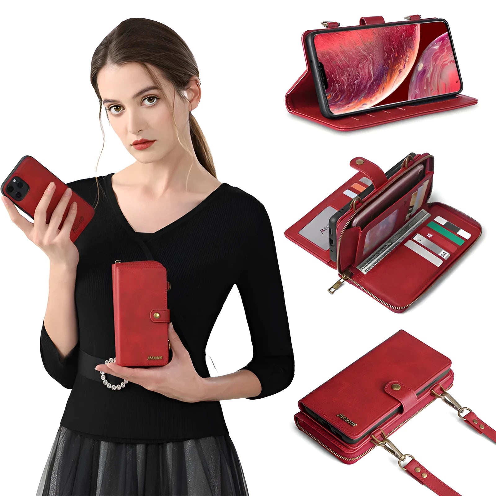 Detachable wallet backpack phone case with leather flip cover for iPhone and Samsung devices