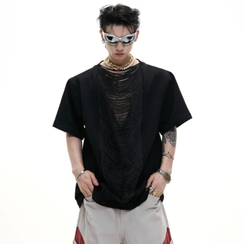 Men's black hollow-out V-neck T-shirt with three-dimensional cutting and loose fit design