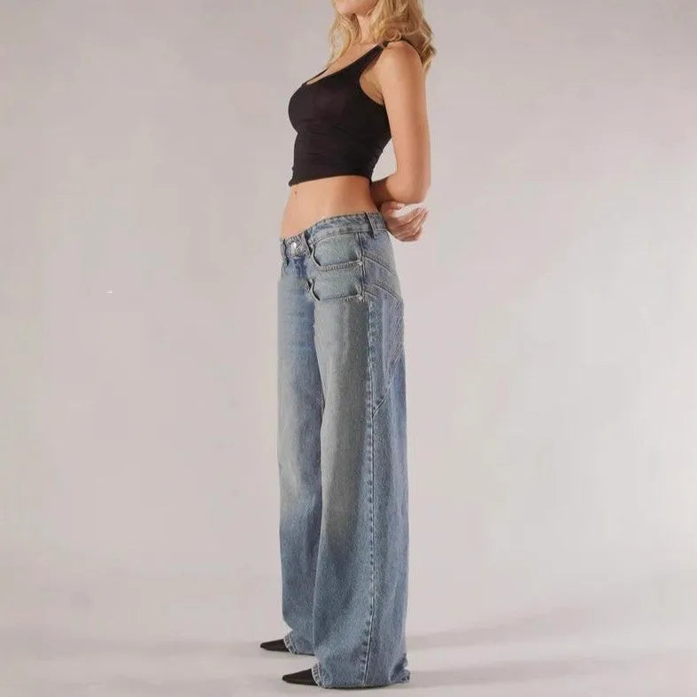 Loose straight wide leg cotton mop trousers in blue colour showing stitching detail
