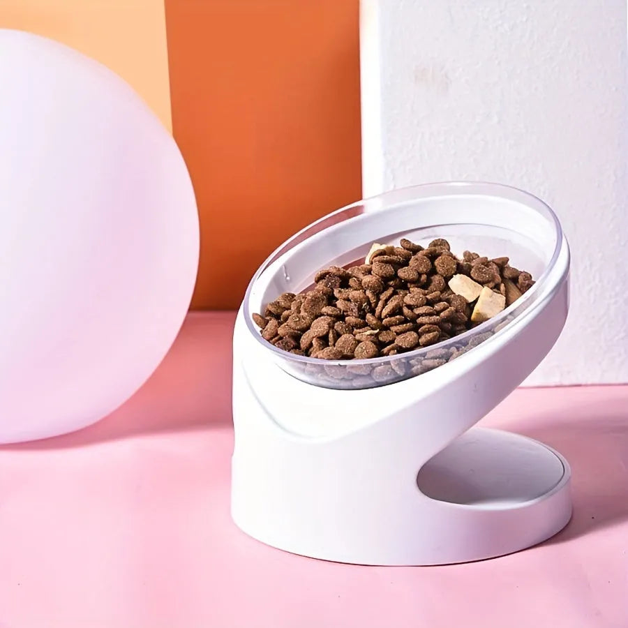 White elevated cat food bowl with tilted anti-vomit design for ergonomic feeding