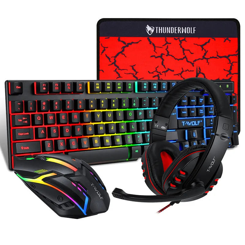 Thunder Wolf T800 wired gaming keyboard and mouse set with USB optical mouse and matching headset on mouse pad