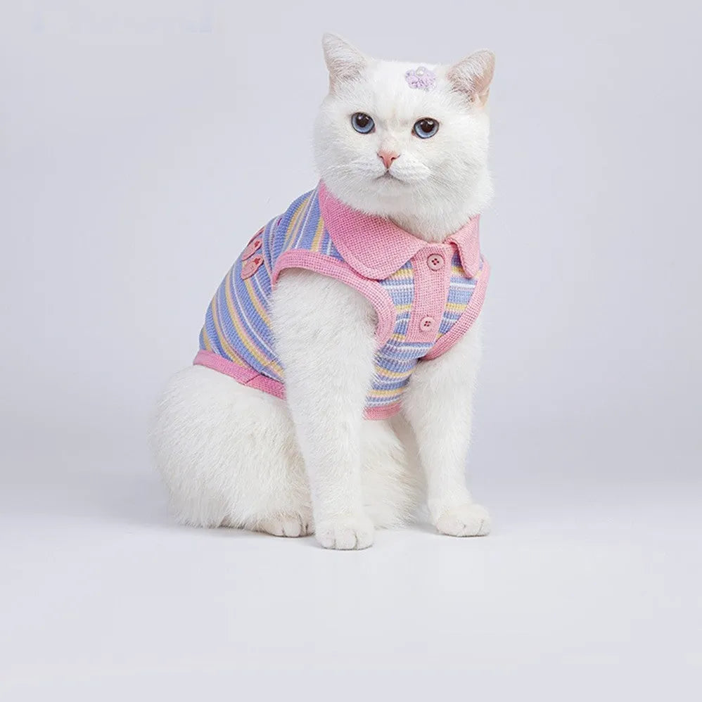 Pink purple dog autumn vest shown on a small dog, with size chart for XXS to XXL.
