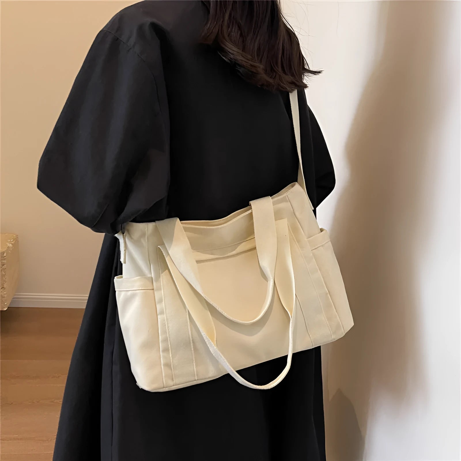 Large capacity polyester canvas shoulder tote bag with sandwich pocket and internal mobile phone compartment