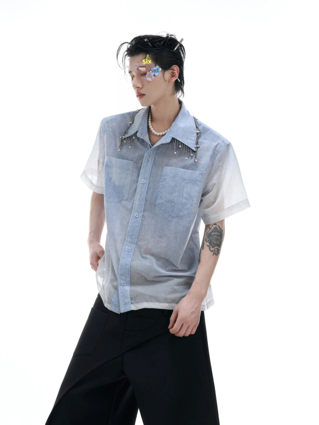 Blue and white gradient men's short sleeve shirt with loose fit design