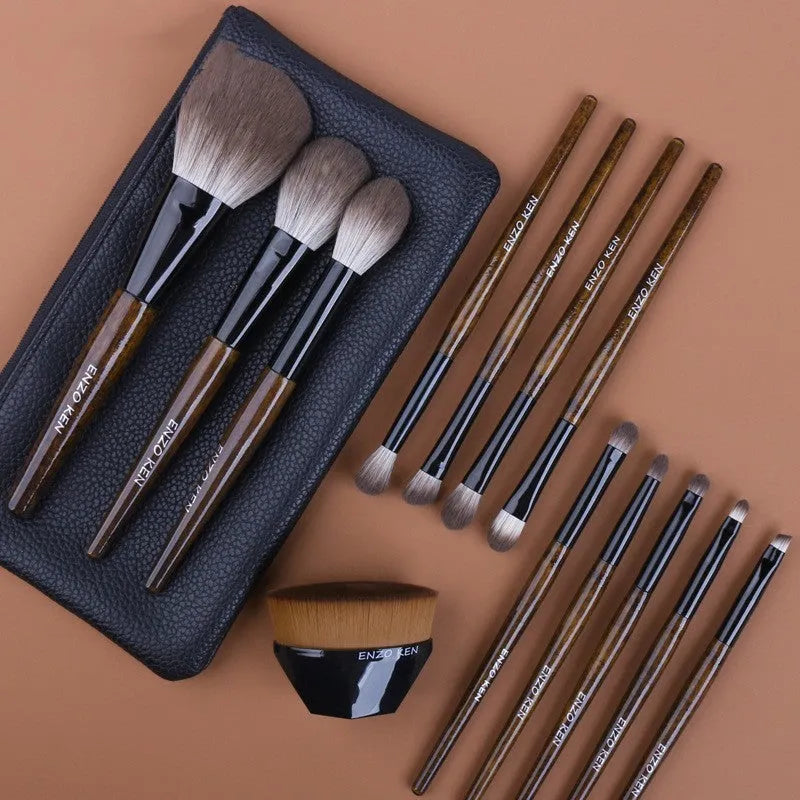 12 piece makeup brush set with wooden handles and soft artificial bristles in a PU travel bag