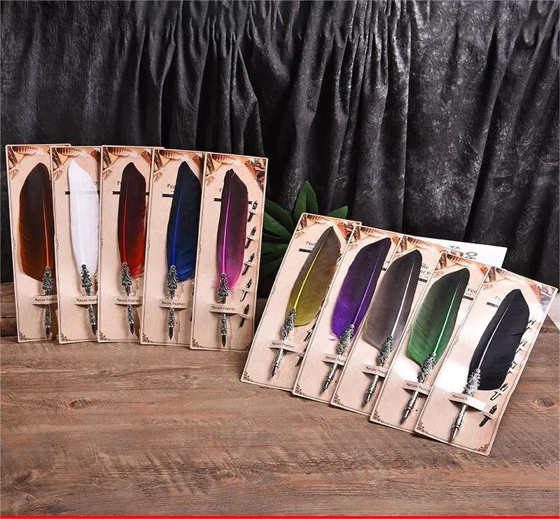 Vintage feather dipped water fountain pen with zinc alloy shell in multiple colour options