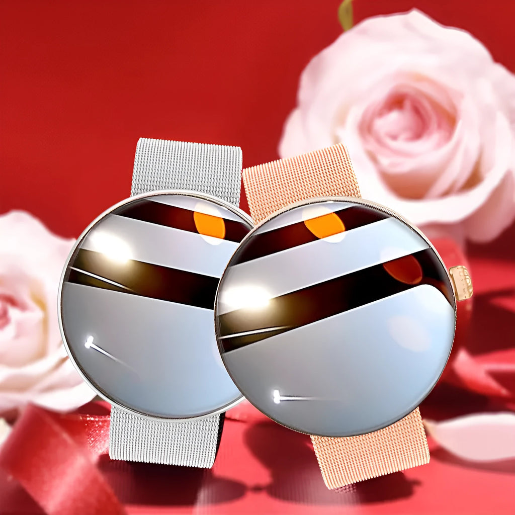 Circular smartwatch for women with metal strap and colour touchscreen on a wrist.