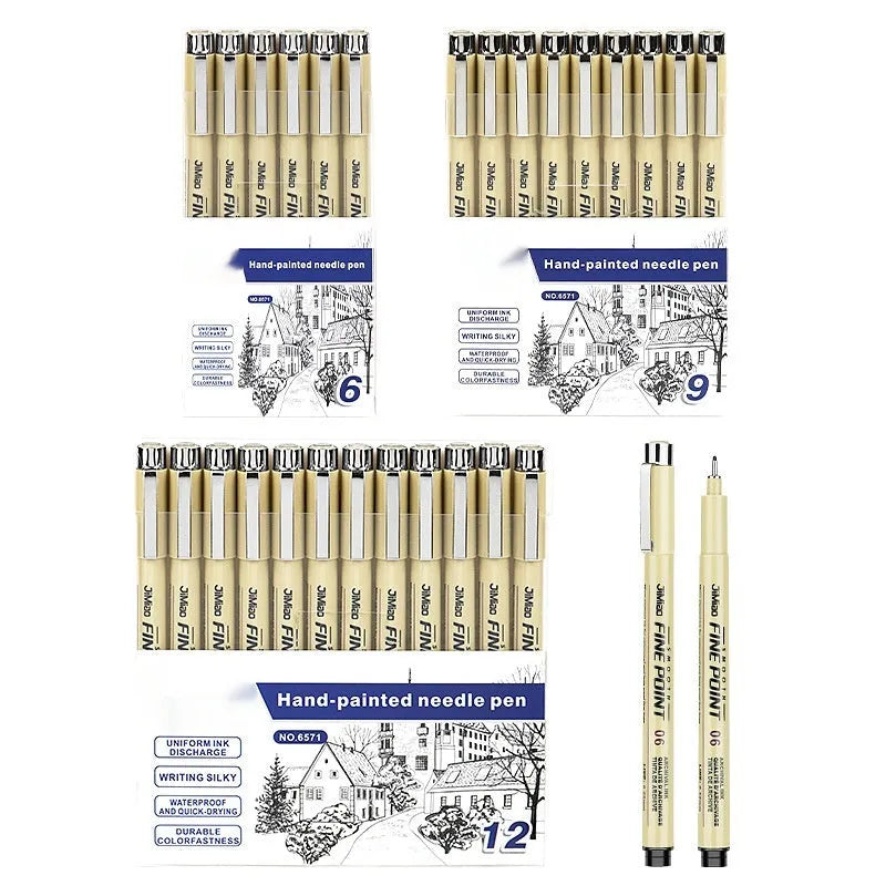 Black needle tip drawing pen with cartoon syringe and hook line artwork on a 133mm plastic barrel.