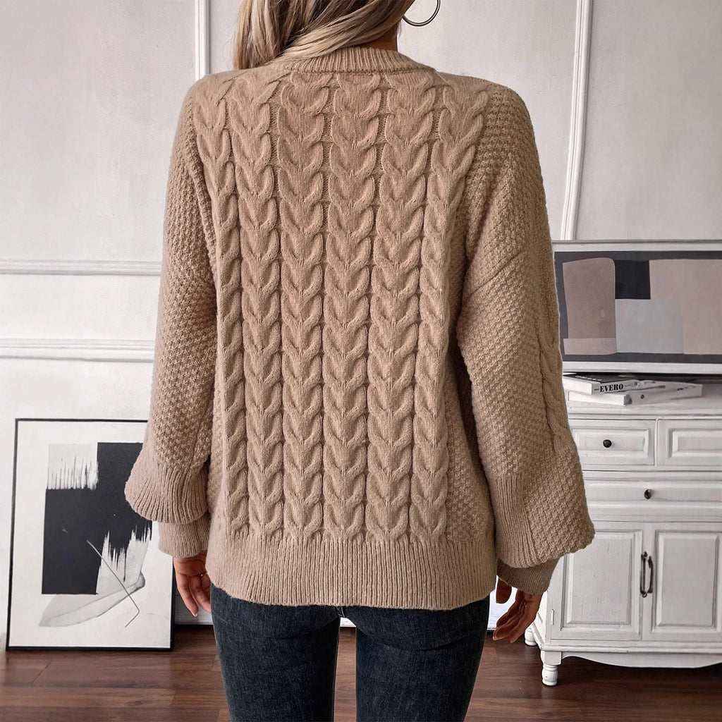 Women's khaki pullover sweater with twist design detail and round neck