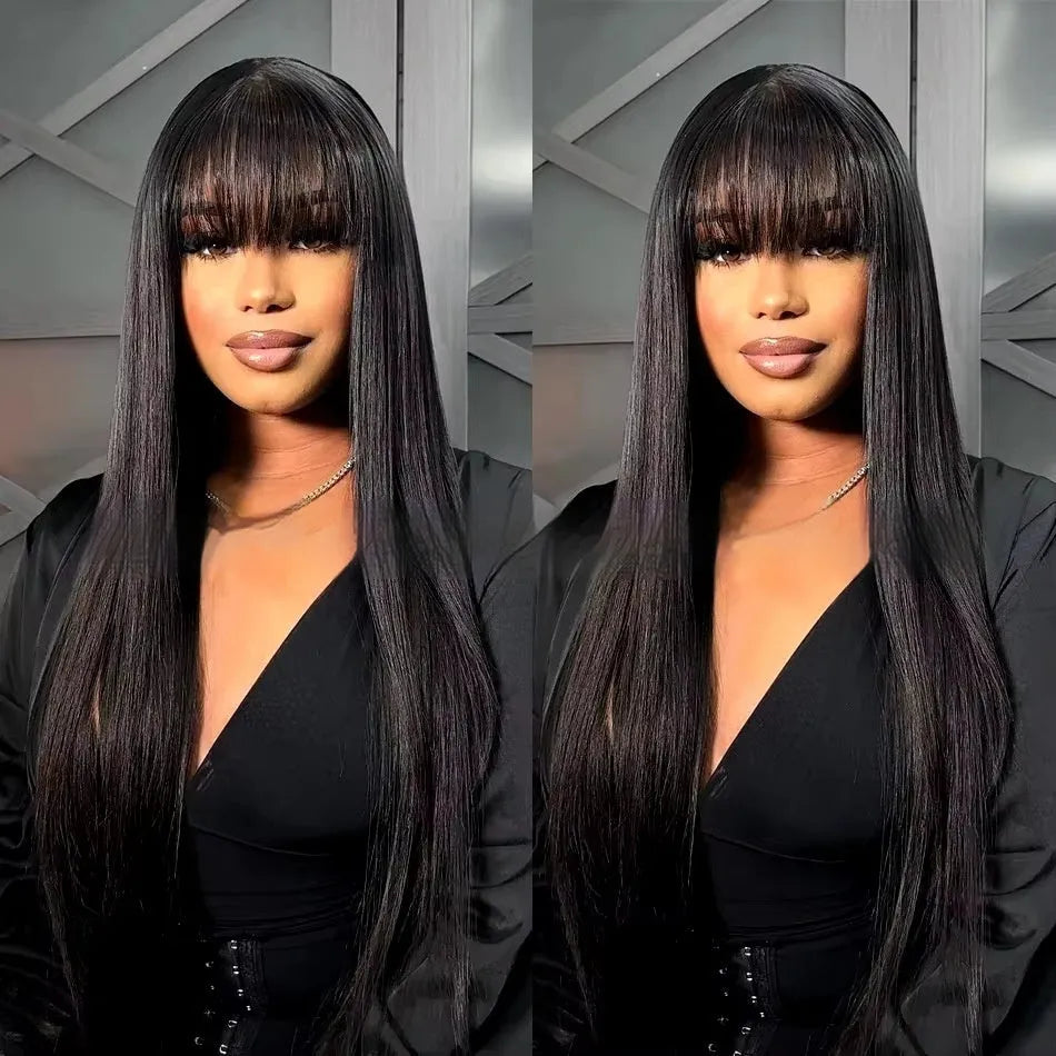 Women's natural colour full-mechanism human hair wig shown in a long length style.