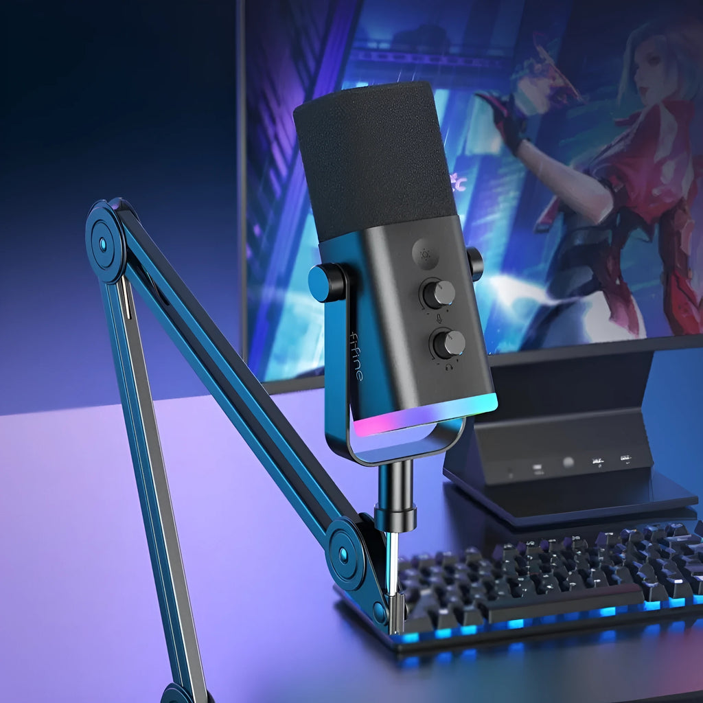 Dynamic cardioid microphone in black with USB-C cable, XLR cable, and adjustable desktop stand