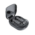 Black and white wireless Bluetooth in-ear headset with charging case showing digital display screen