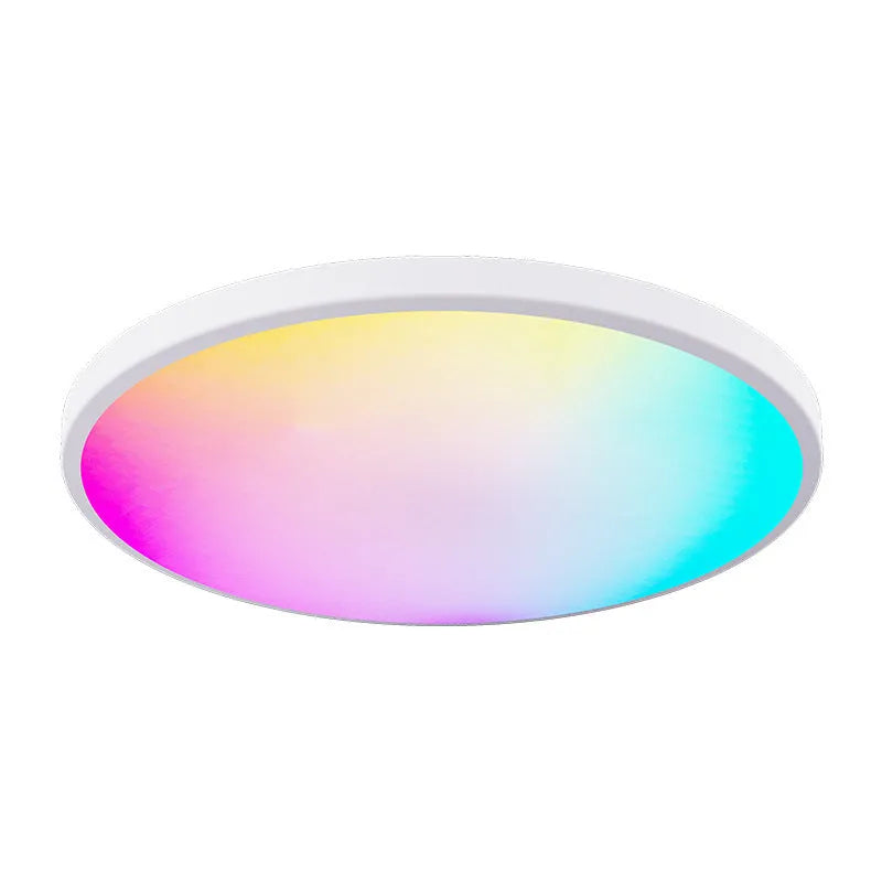 Circular black intelligent ceiling lamp with RGBCW LEDs, showing colour change and dimming via mobile APP.