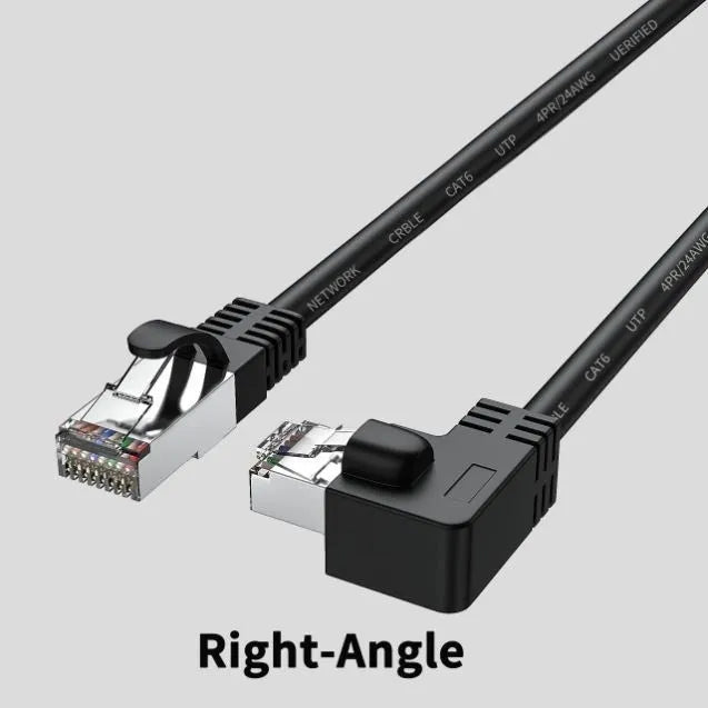 Cat6 Ethernet cable with right-angle metal RJ45 connector in black, shown alongside length and colour options.