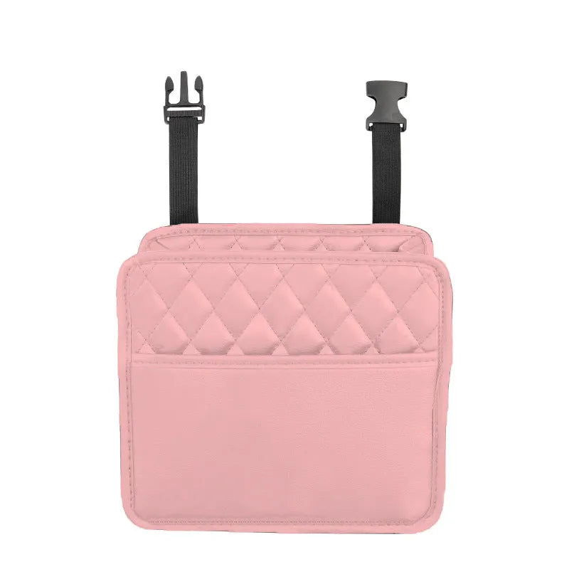 Leather car hanging storage bag organiser measuring 25x25x8cm in black, pink, green, or white