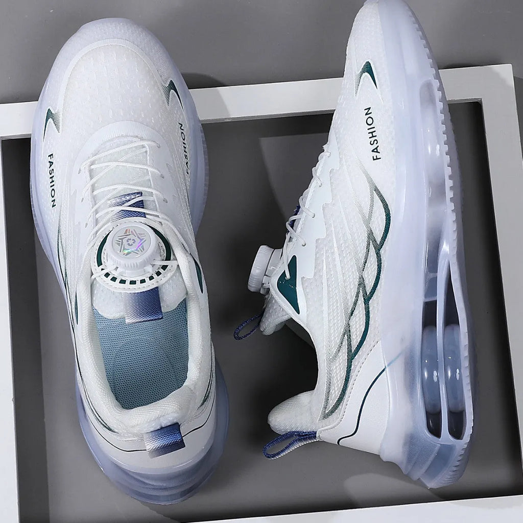White low-top casual running shoes with mesh upper and rubber sole on solid background