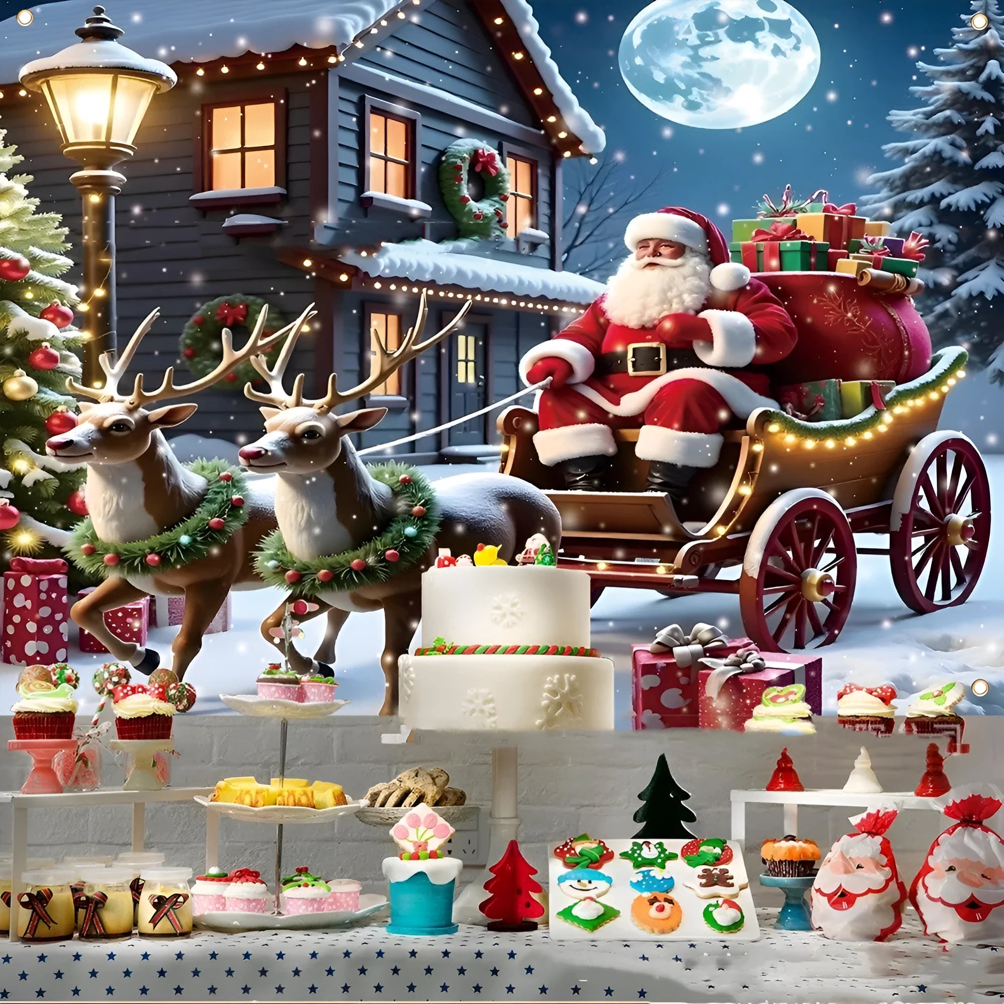 Red Christmas banner with Santa Claus and gift designs measuring 210cm wide by 150cm high