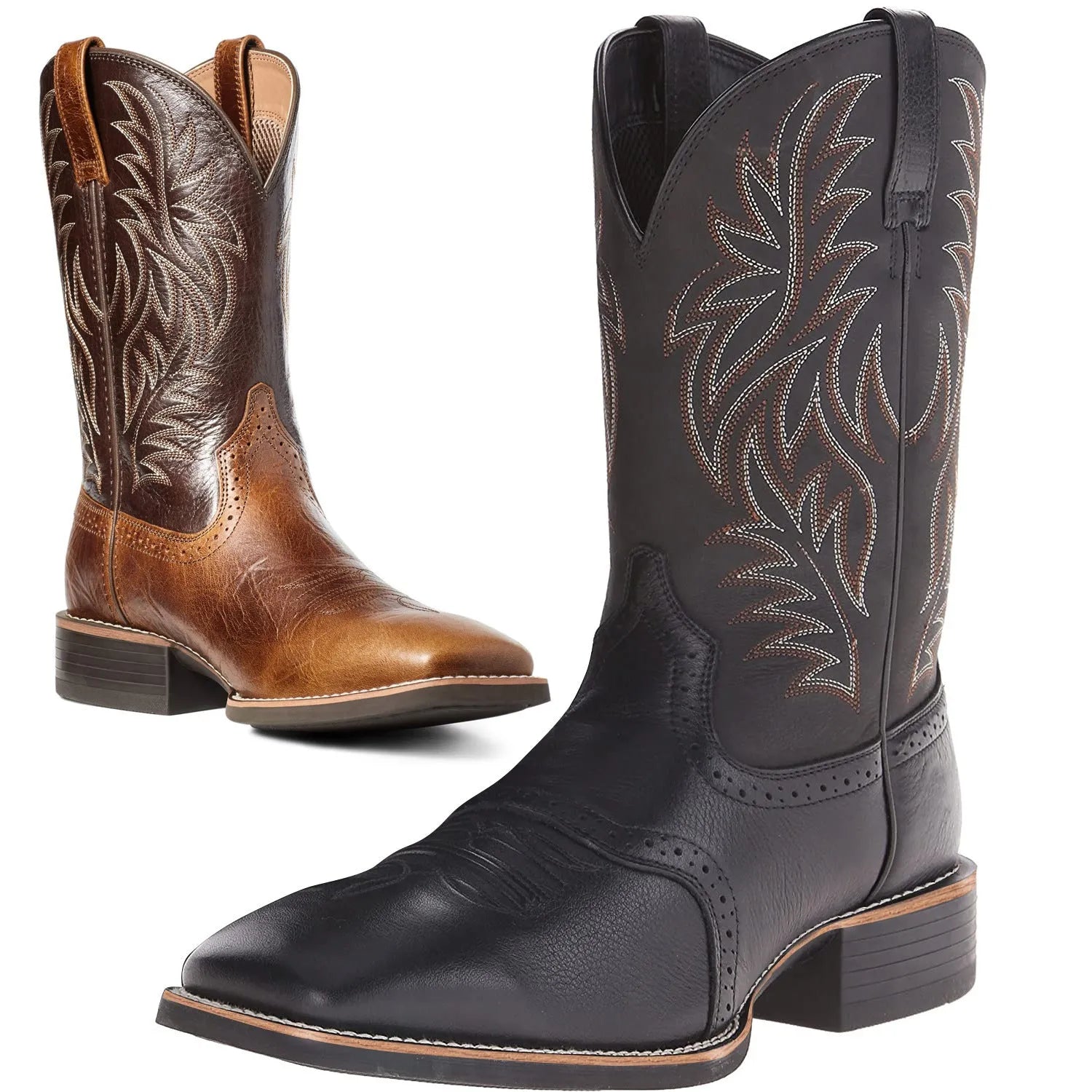 Men's black Western cowboy boots with decorative embroidery stitching, wide square toe, and a high shaft.