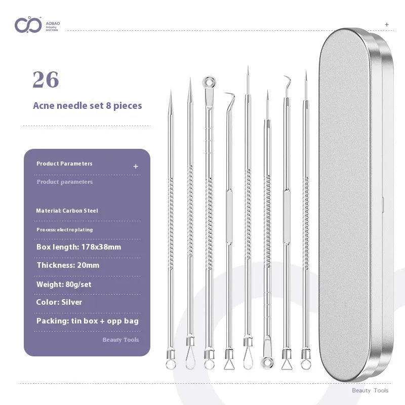 Four silver metal acne needles with ultra-fine pointed tips for skincare treatment.