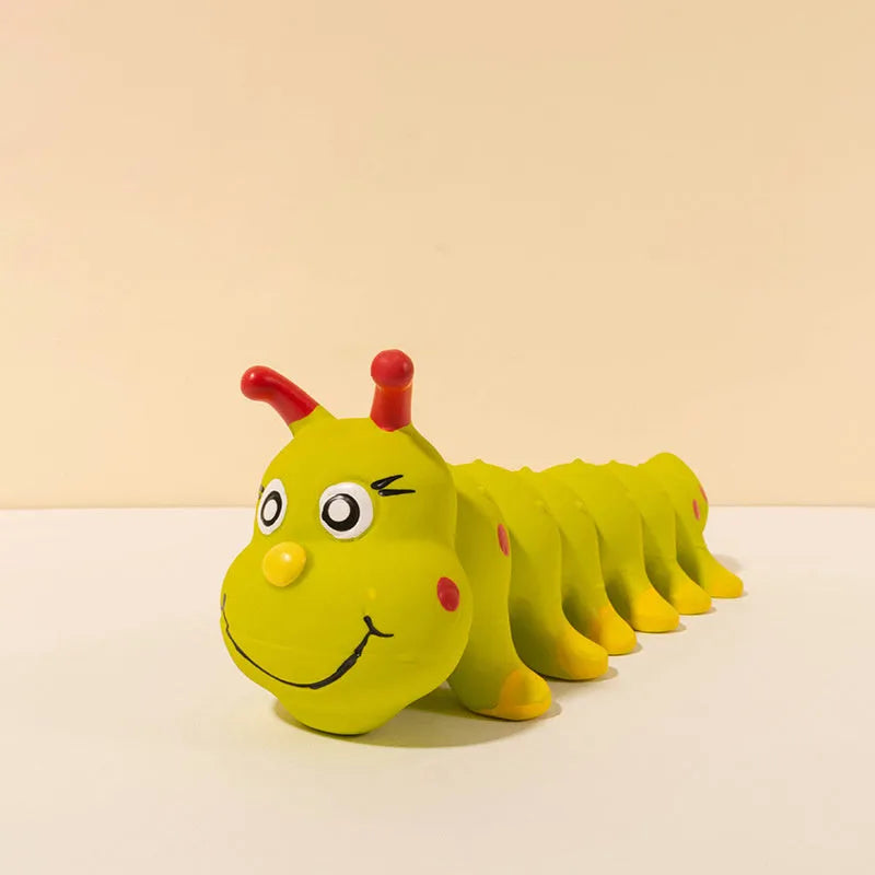 Yellow rubber caterpillar dog squeaky toy measuring 25.5 cm long