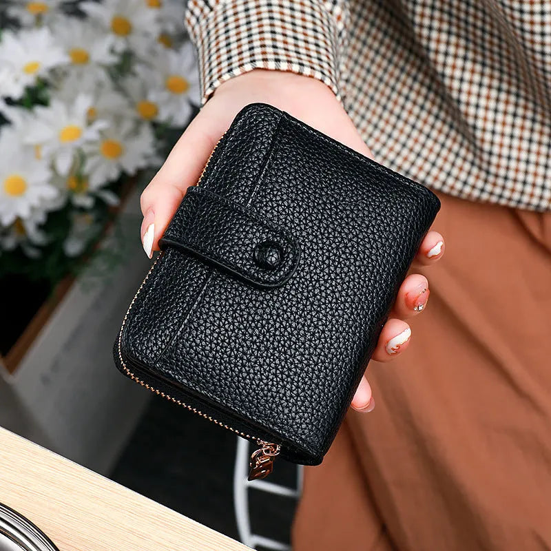 Lychee pattern short wallet in beige with organiser compartments and sewing thread detailing