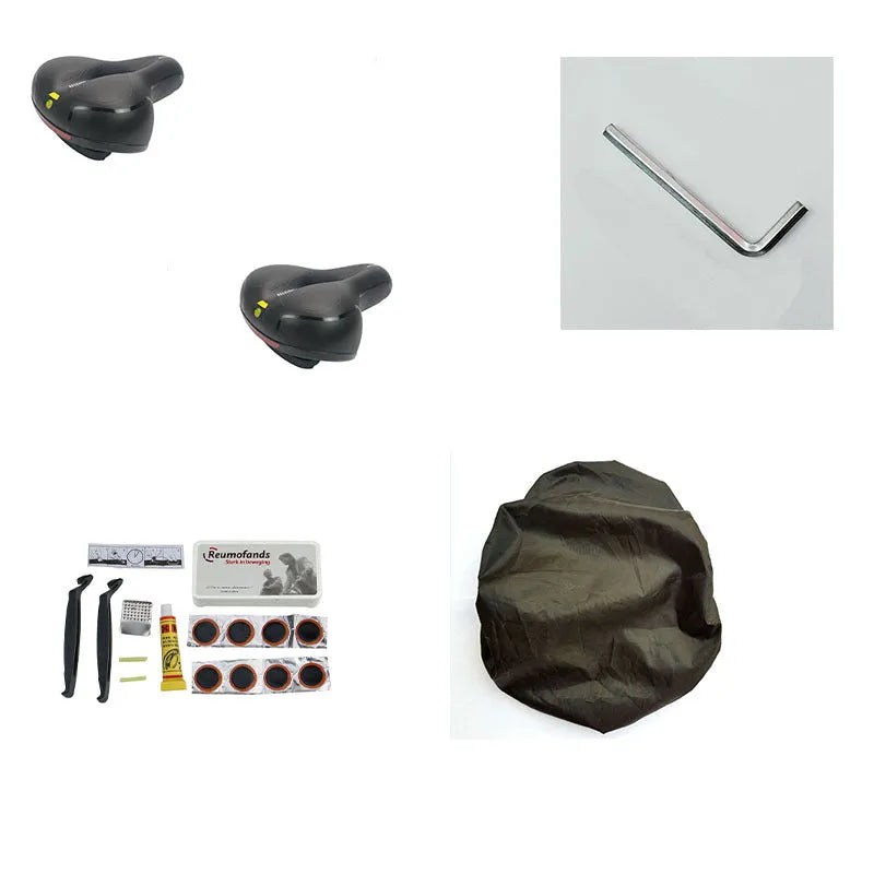 Thickened silicone bicycle saddle cushion with waterproof cover and tools kit on a bike seat.