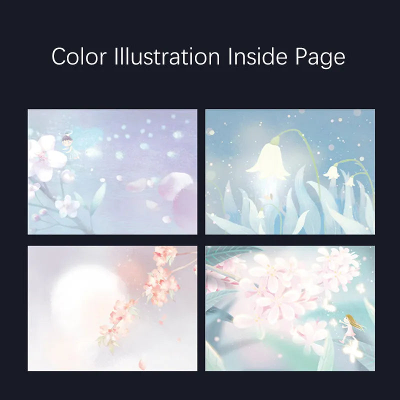 A5 notebook with luminous cover showing colour illustration interior pages and dot grid layout