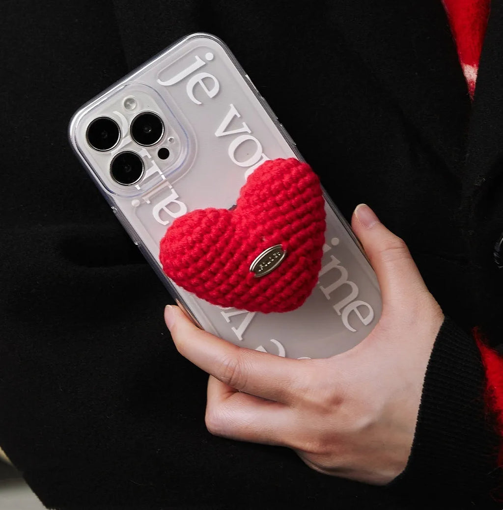 Original Knitted Love Stand phone case for iPhone, TPU glass back, retro Japanese Korean style, black or white, heart bracket option.