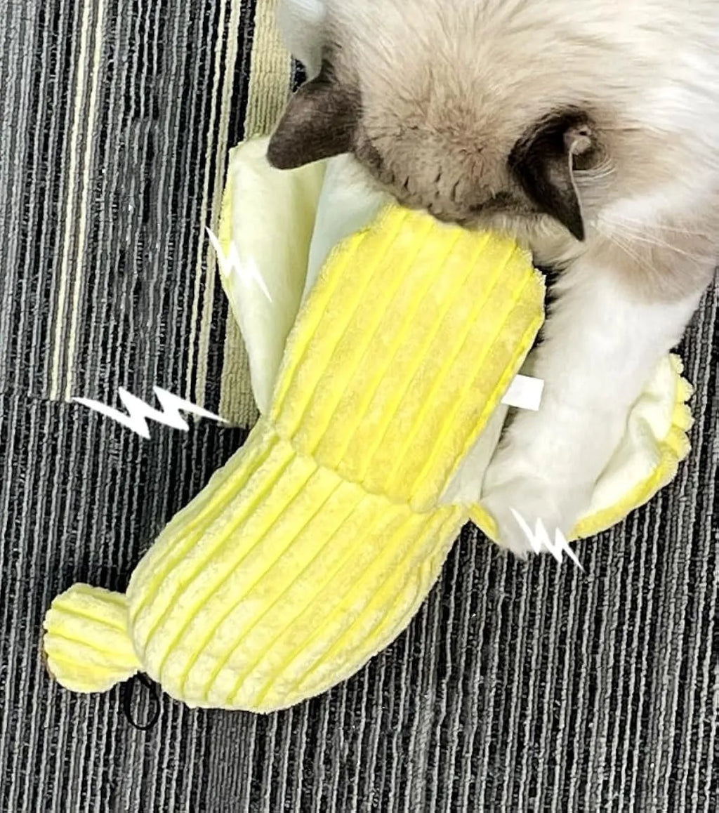 Yellow banana-shaped cat toy with crinkle paper and catnip for indoor feline play